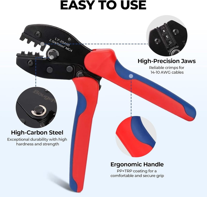 BougeRV Solar Crimper Tool Kit - Crimper, 12 Pairs Connectors, 2 Spanner Wrench for 14-10 AWG Solar Panel Cable Wire Crimping PV Assembly and Installation - Image 3